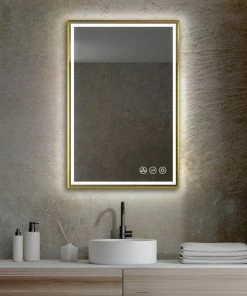 Flash Sale 🎁 Blossom Kitchen & Bath Supply Fogless, Dimmable, Color Temperature Adjustable LED Mirror, Brush Gold, 24x36 🛒