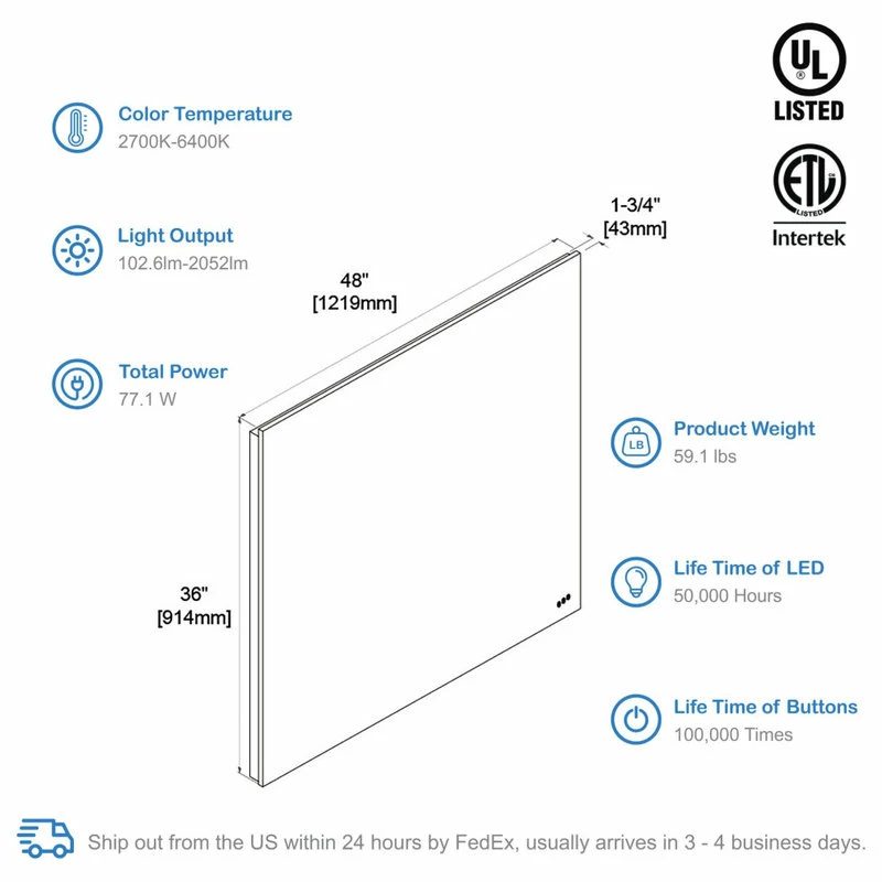 Best Sale ๐งจ Blossom Kitchen & Bath Supply Fogless, Dimmable, Color Temperature Adjustable LED Mirror, 48x36 โ๏ธ - Image 4