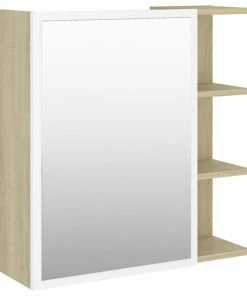 Outlet 😀 Vida XL LLC VidaXL Bathroom Mirror Cabinet White&Sonoma Oak Engineered Wood Furniture 👏