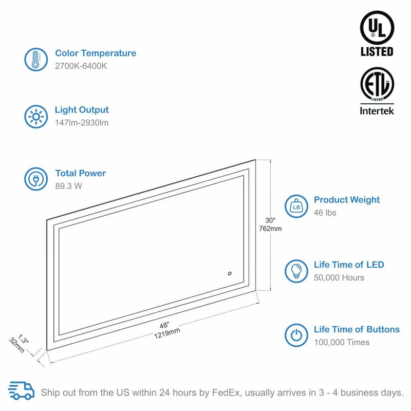 Best Sale ๐ Blossom Kitchen & Bath Supply Fogless, Color Temperature Adjustable LED Mirror, 48"x30" ๐งจ - Image 4