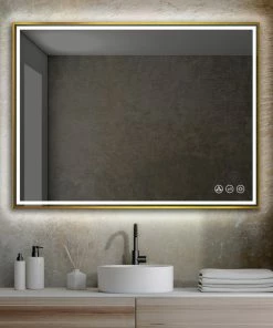 Best Sale 🔥 Blossom Kitchen & Bath Supply Fogless, Dimmable, Color Temperature Adjustable LED Mirror, Brush Gold, 48x36 🧨