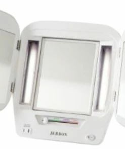 Hot Sale ⭐ Jerdon JGL10W Euro Tabletop Tri-Fold Two-Sided Lighted Makeup Mirror With 5x Mag 👍